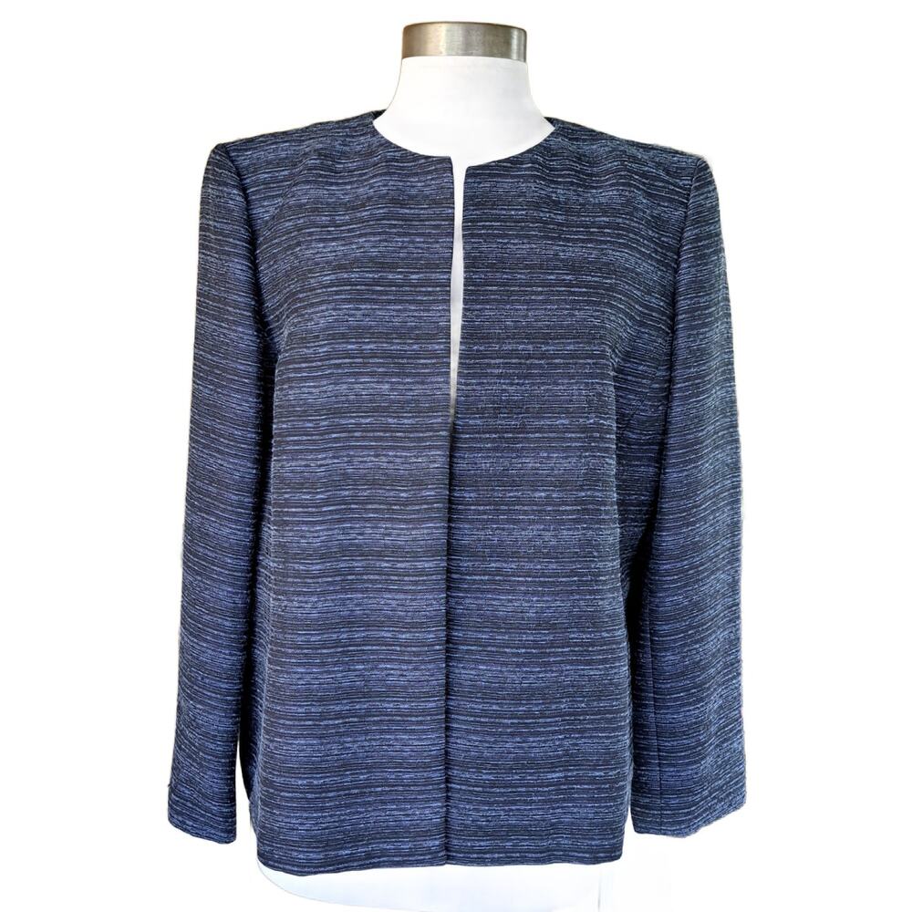 KASPER Blue Black Space Dye Stripe Collarless Jacket Blazer Size 16 P Open Front